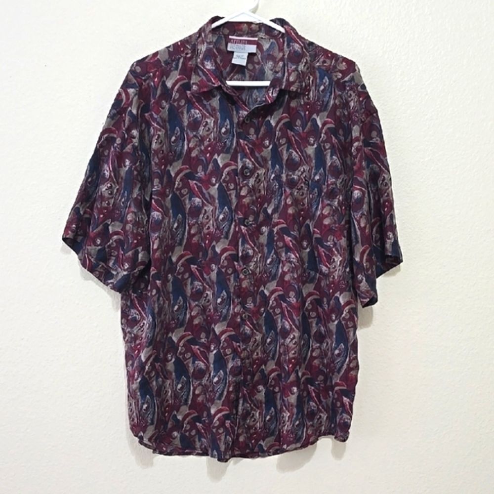 ATELIER DE SOIR Vibrant Red and Blue Casual Button Down Shirt 100% SILK SIZE L‎